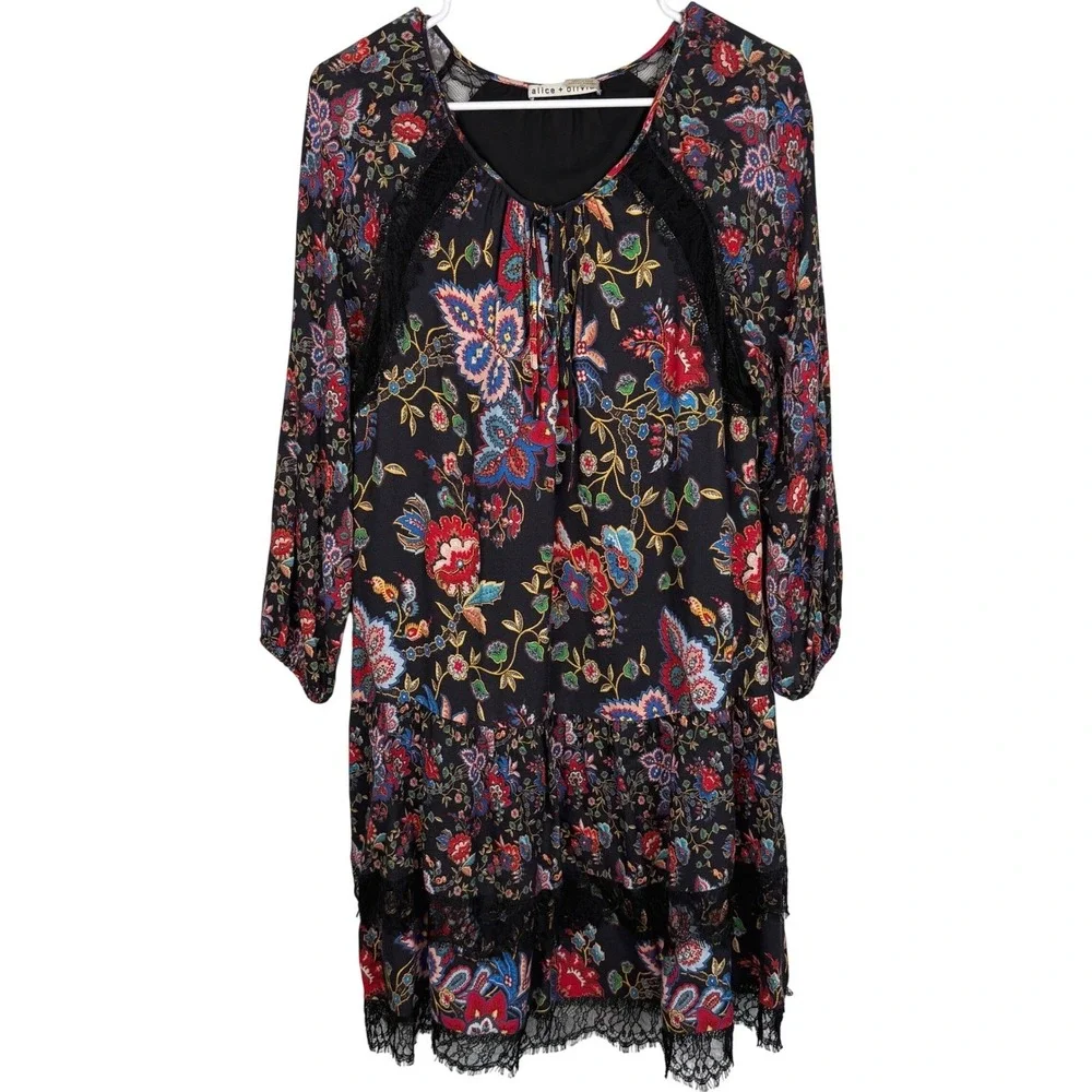 Alice + Olivia Lakita Floral Lace Trim Boho‎ Dress Black Multicolor Tiered Large - Picture 3 of 16